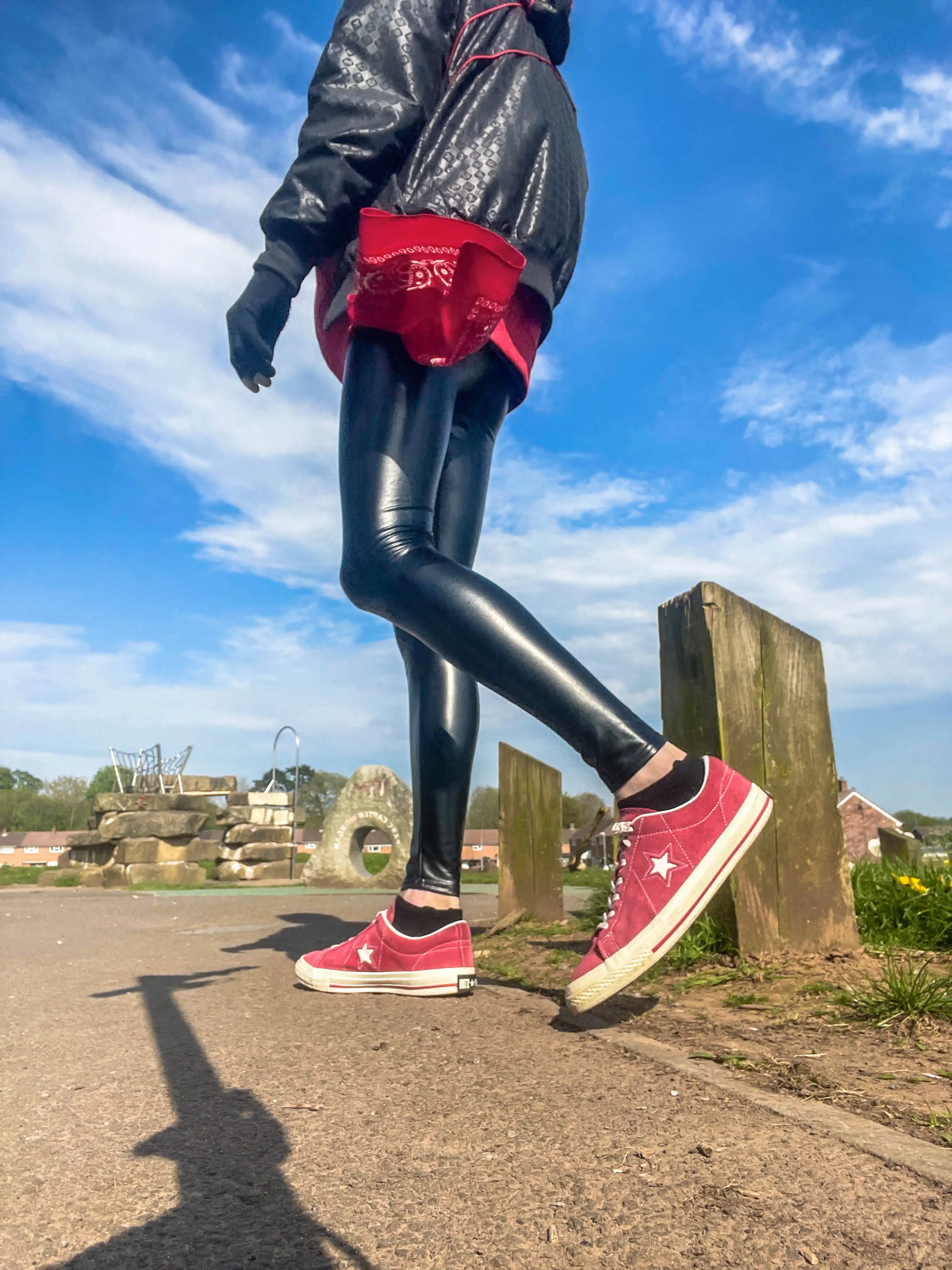 How to Style Red and Black Outfit with Leather Leggings