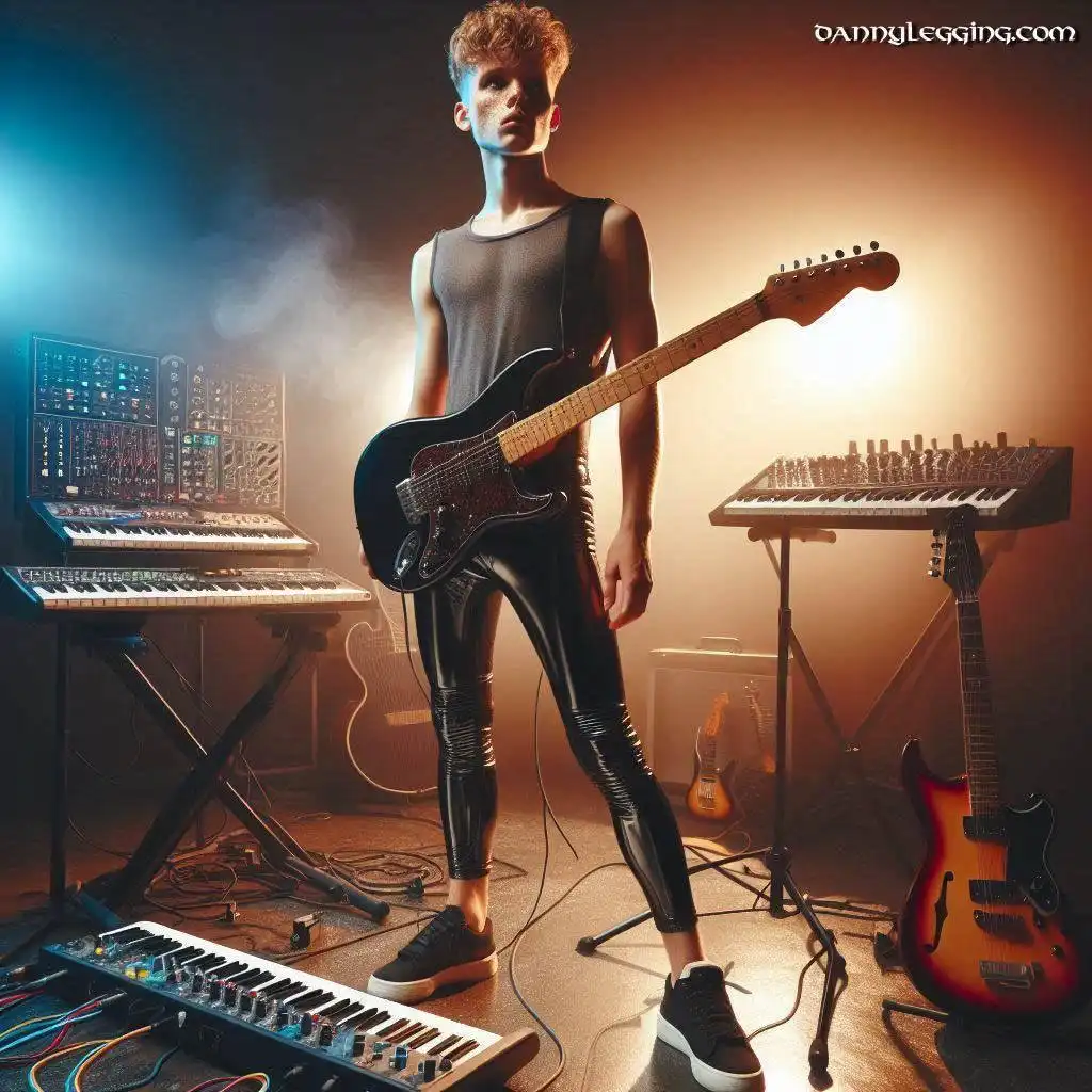 Rock Musician Art in Studio with Guitar and Gear